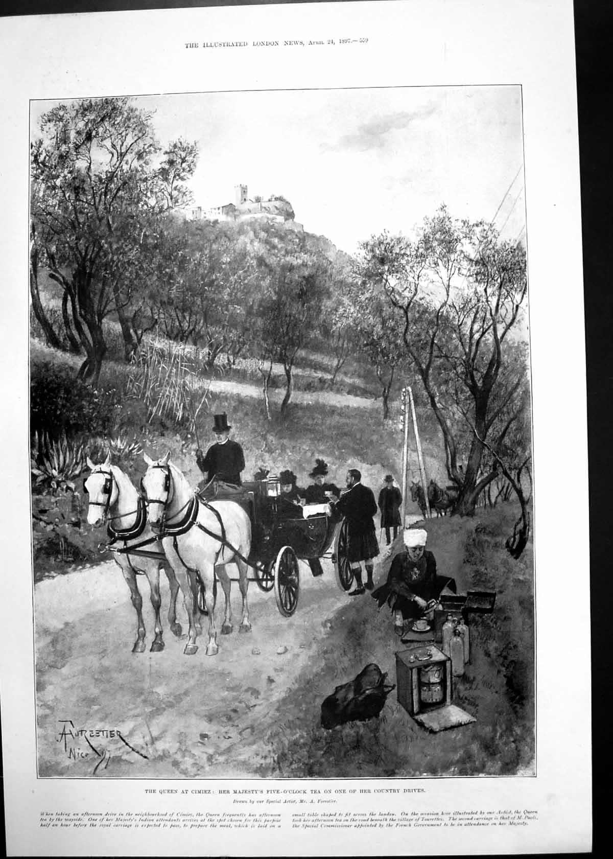 Old Antique Print Queen Cimiez Country Drive Brussels Field Waterloo 1897 19th