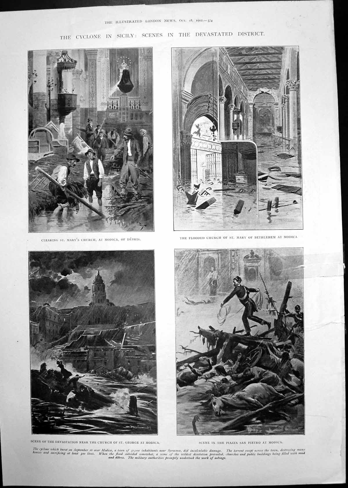 Antique Print Cyclone Sicily Devastated District Sketches Carcassonne 1902 20th
