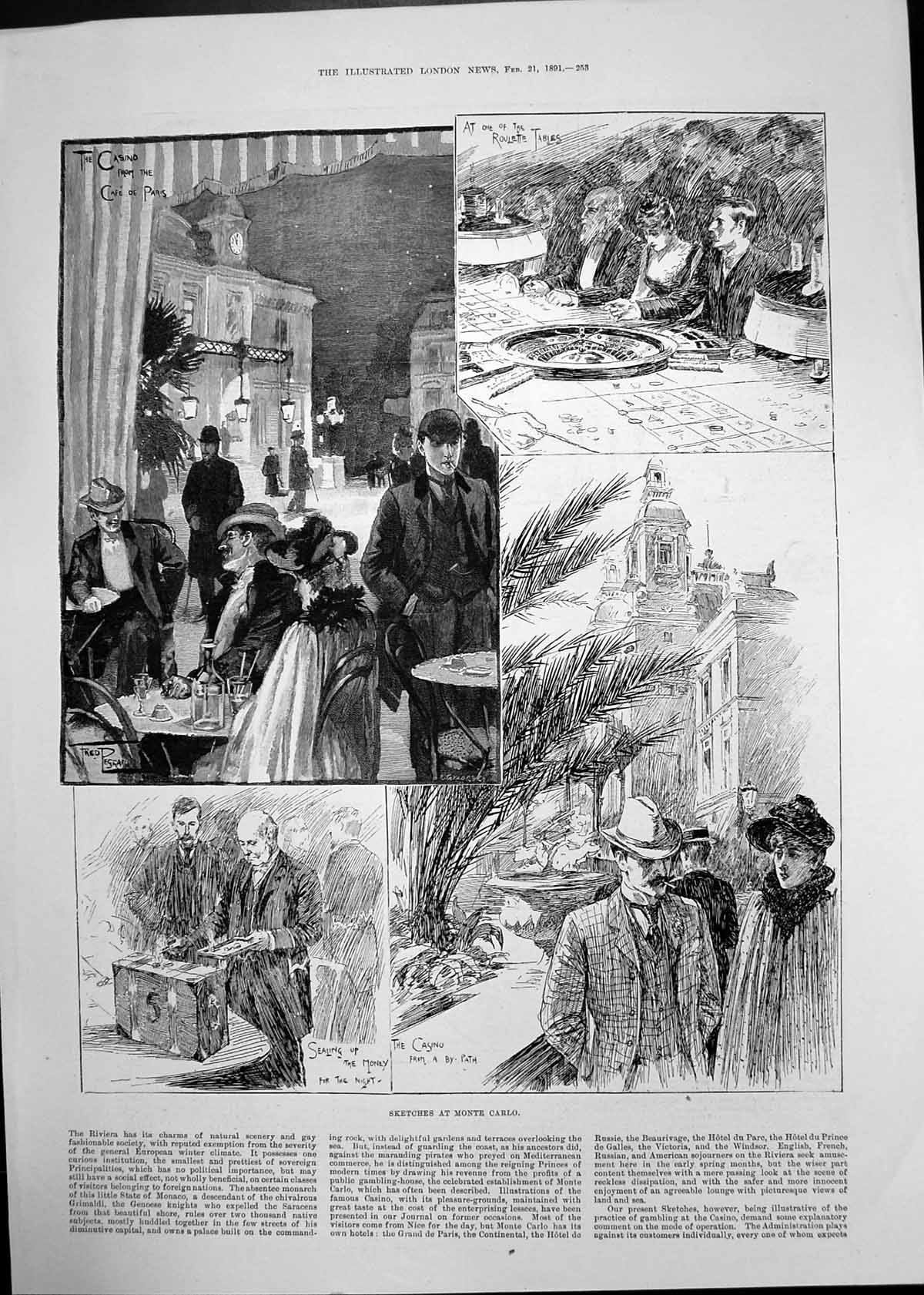 Antique Old Print Sketches Monte Carlo Casino Roullette Tables Winnings 1891