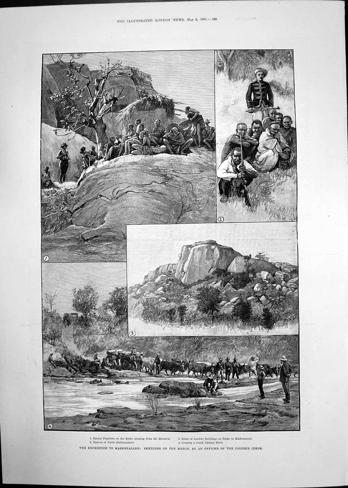 Antique Print Expedition Mashonaland March Pioneer Corps Sketch Grasse1891 19th