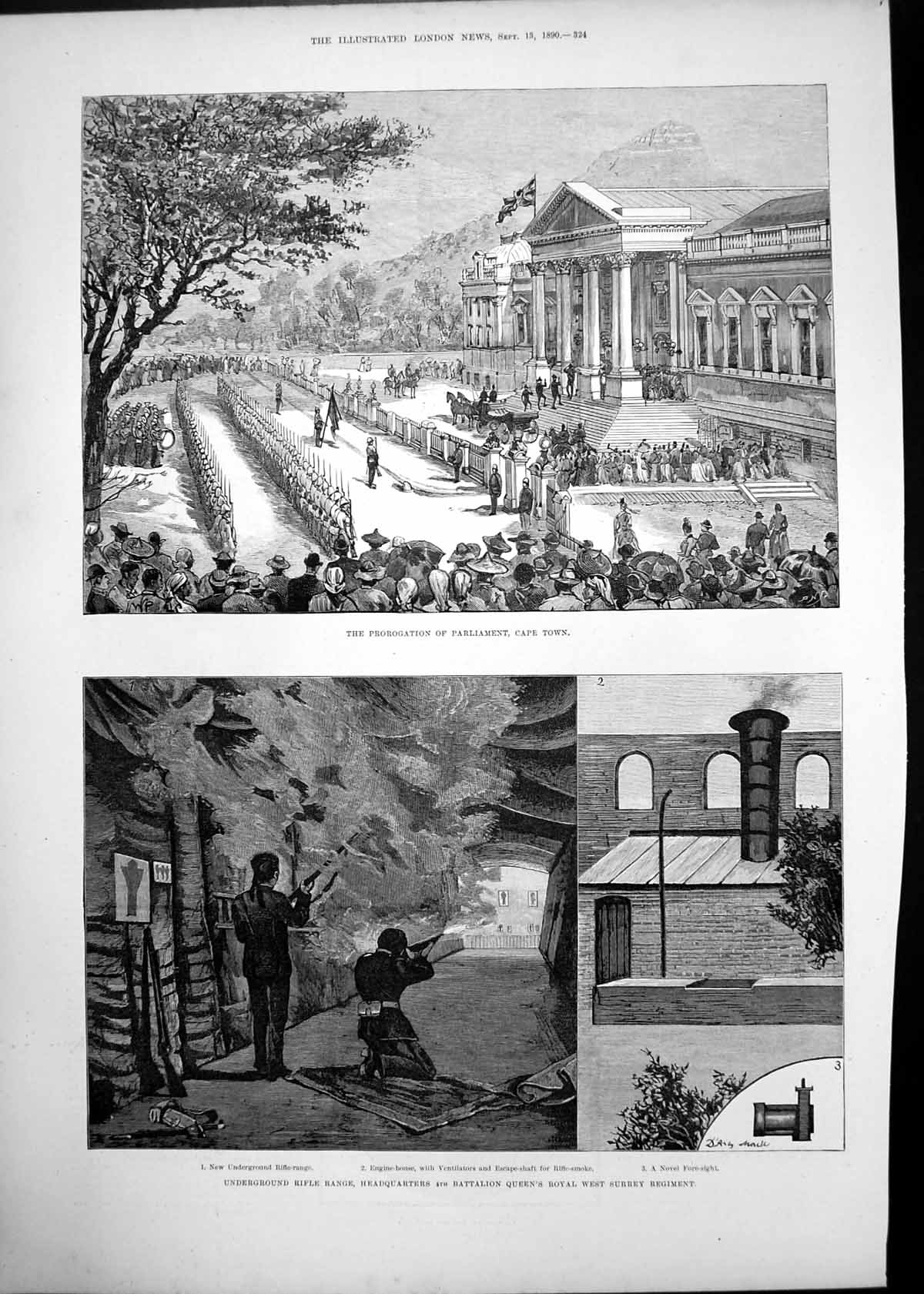 Antique Old Print Parliament Cape Town Underground Rifle Range Surrey 1890 19th