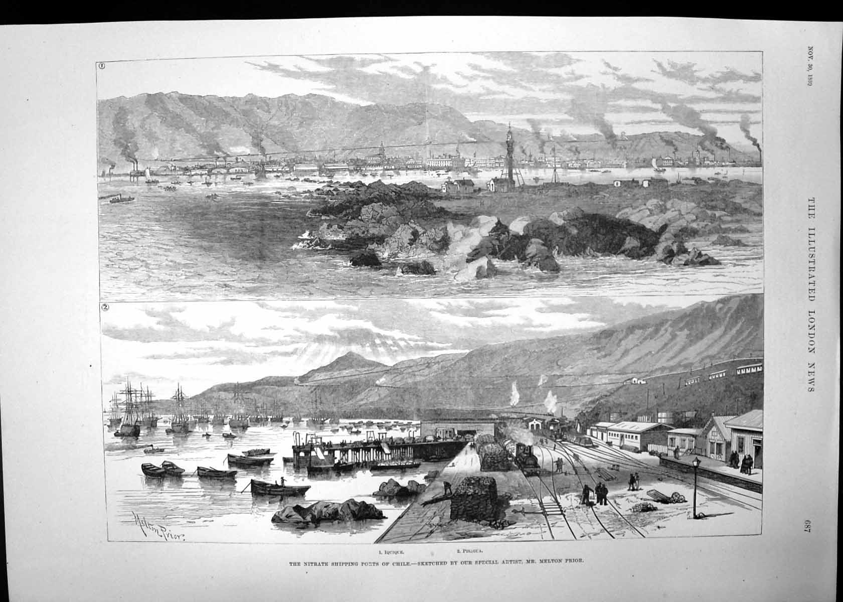 Antique Print Nitrate Shipping Ports Chile Scenes Blind Love W Collins 1889