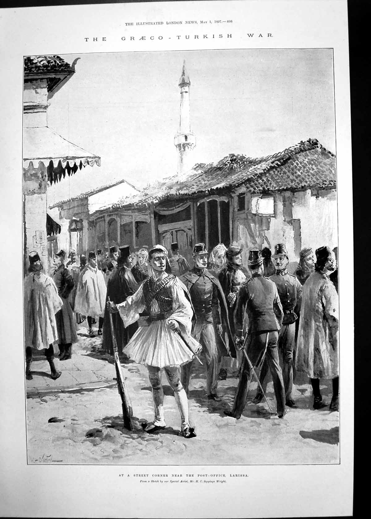 Antique Old Print Graecu Turkish War Post Office Larissa Bridge Reveni 1897
