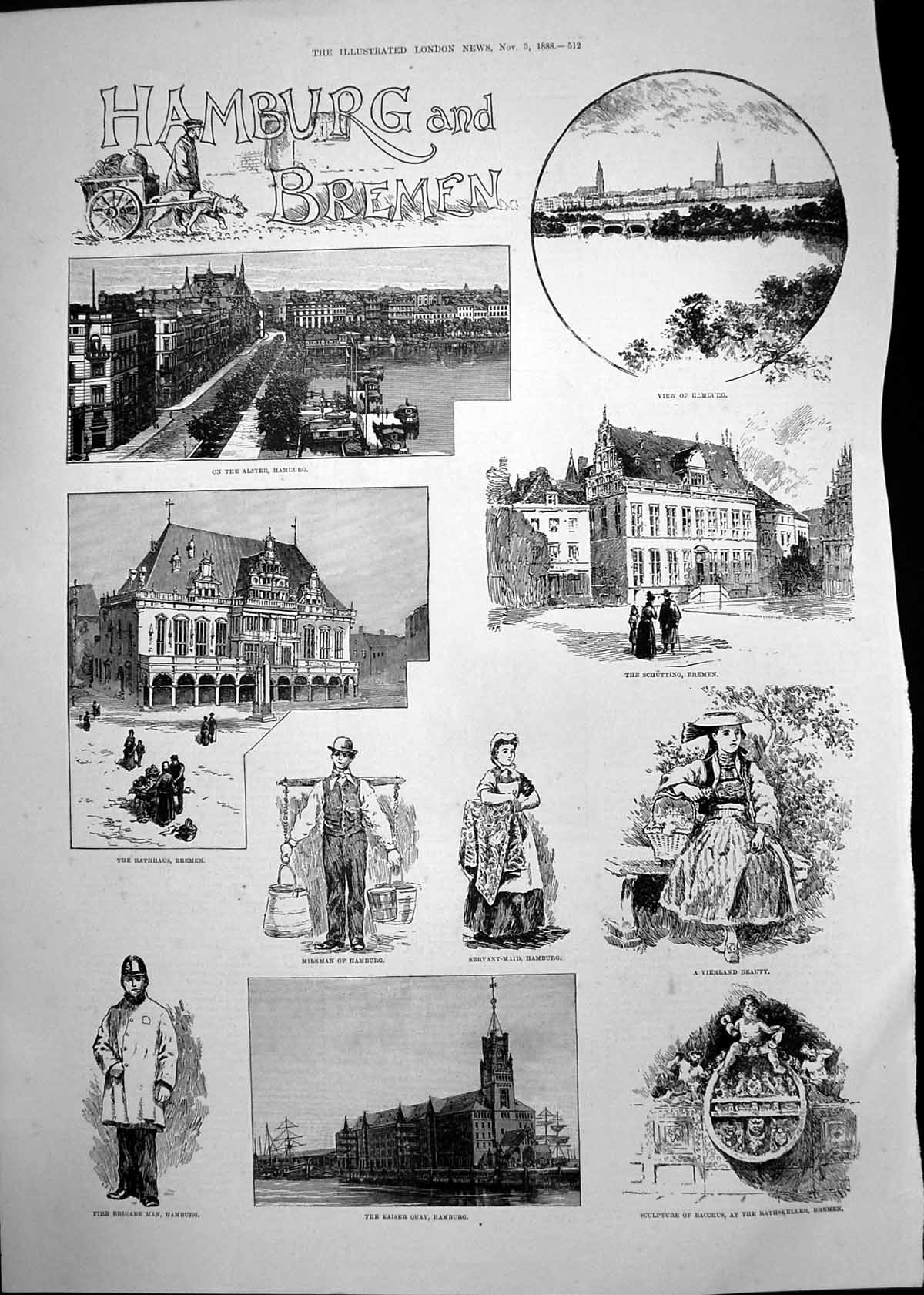 Old Antique Print Hamburg Bremen Statue Late Sir Hugh Owen Carnarvon 1888 19th