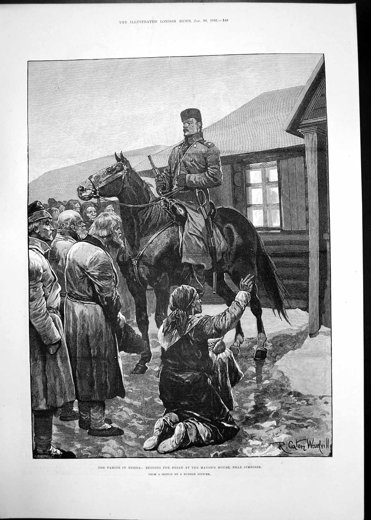 Old Antique Print Famine Russia Begging Bread Simbirsk Zulus Spears 1892 19th