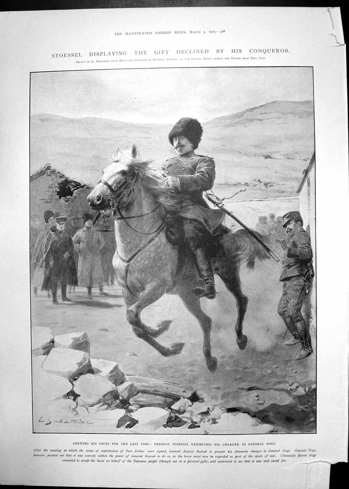 Antique Old Print Stoessel Exhibiting Charger General Nogi Toast Pledged 1905