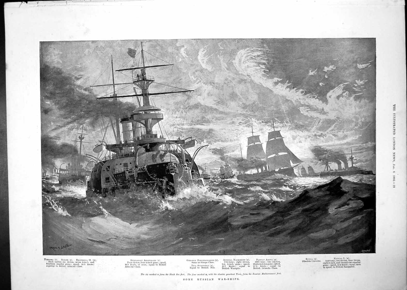Antique Old Print Russian Warships Rip Van Winkle Legend Sleepy Hollow 1894