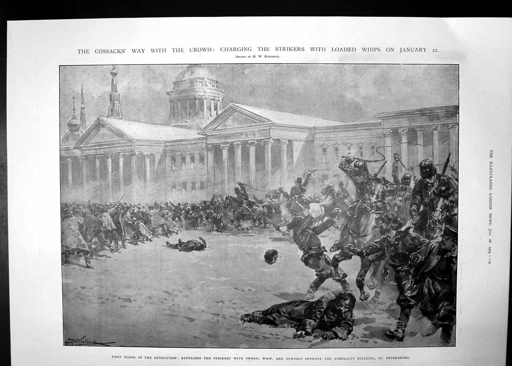 Old Antique Print Cossacks Charging Strikers Massacre St Petersburg 1905 20th