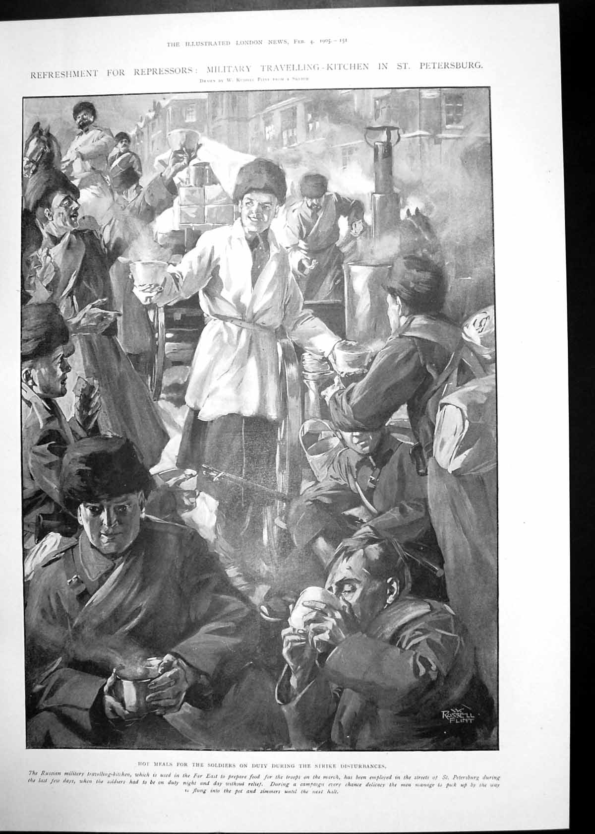 Antique Old Print Meals Guards Strike St Petersburg Landslip Loen Norway 1905