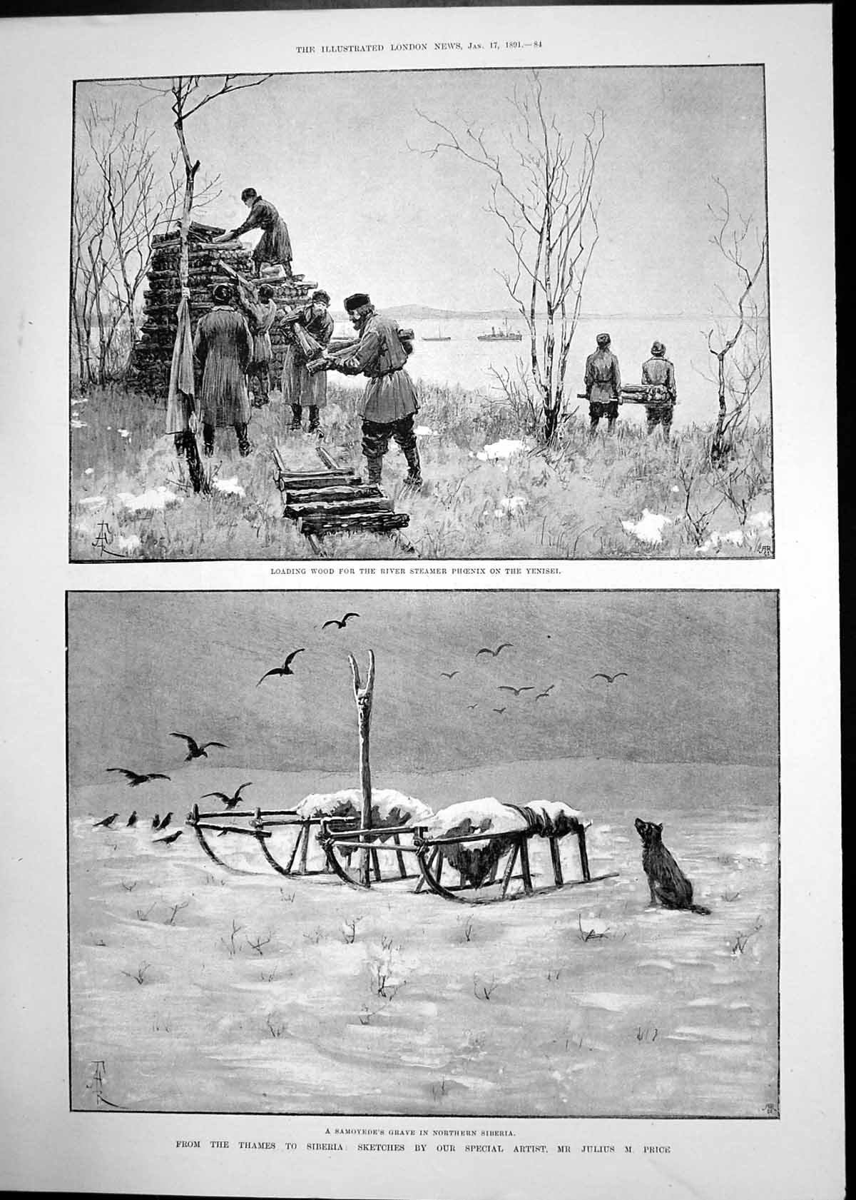 Antique Old Print Siberia River Steamer Yenisei Priest Police Officer 1891 19th