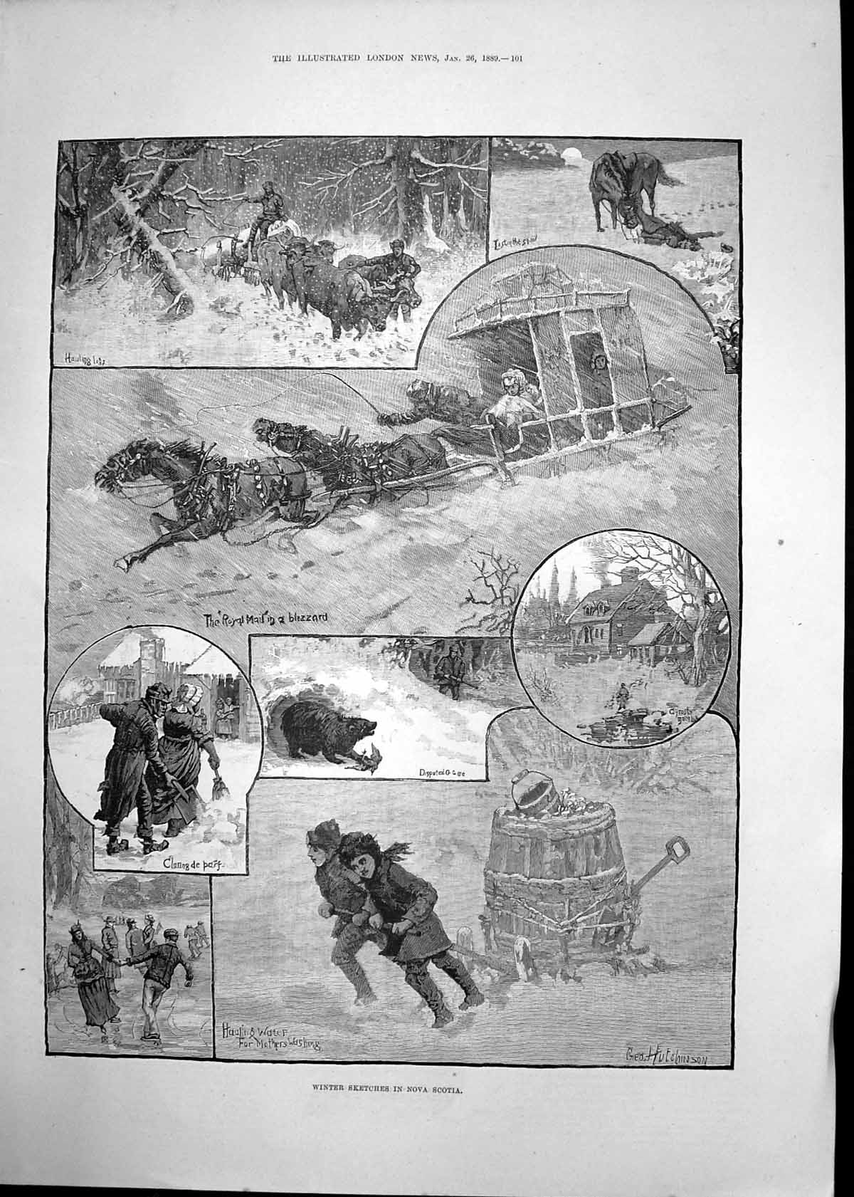 Antique Print Winter Sketches Nova Scotia Entertainment Dock Labourers1889 19th