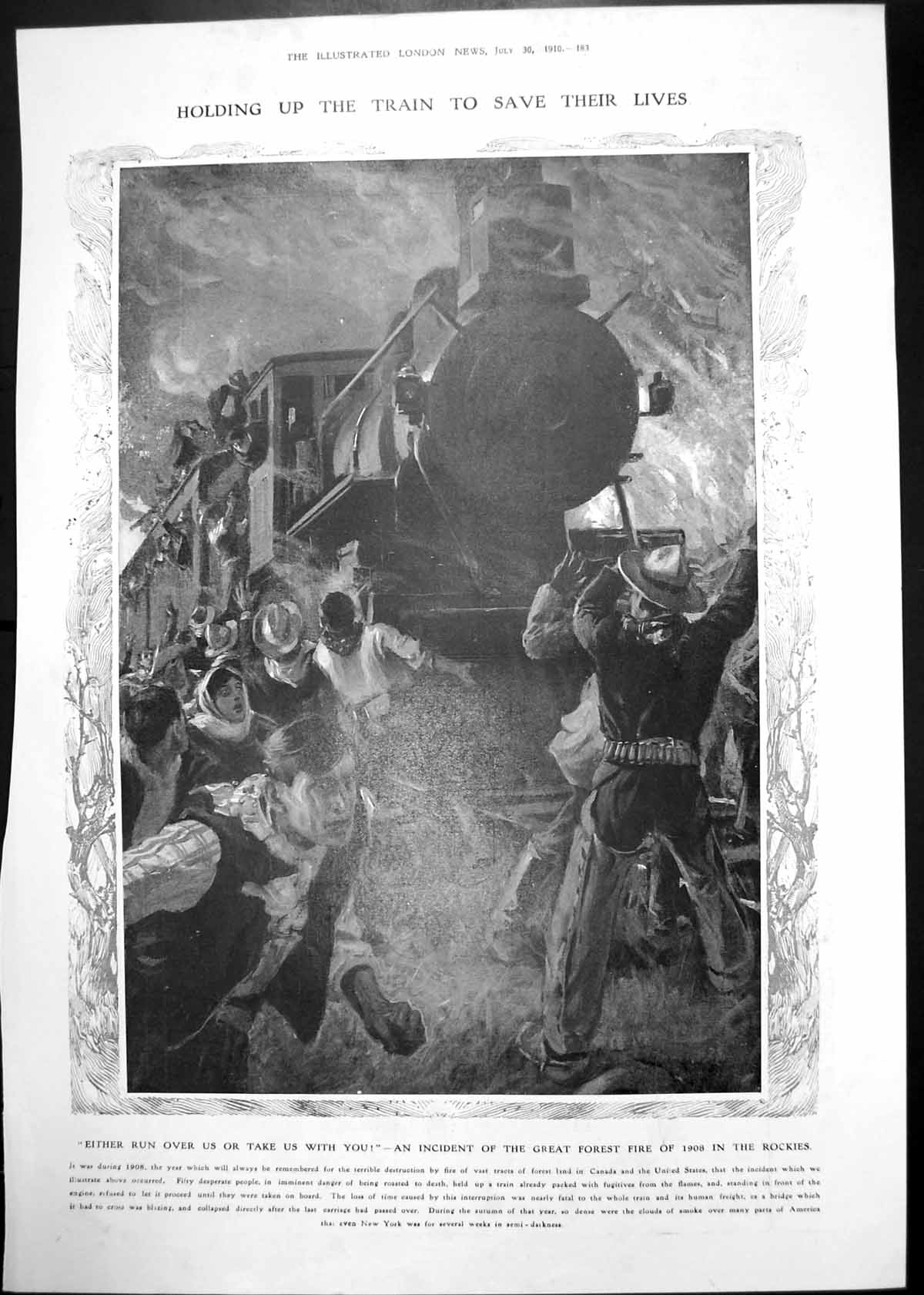 Antique Old Print Great Forest Fire Rockies Train Scrubbs Ammonia Advert 1910