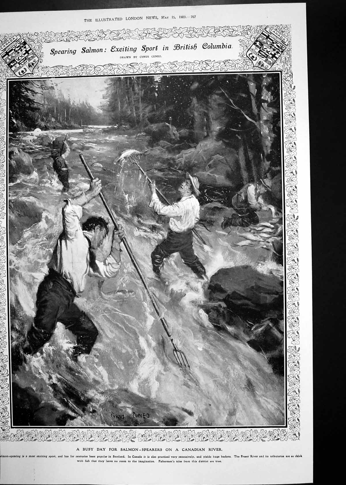 Old Antique Print Salmon Spearers Canada Fire London Edinburgh Train 1909 20th