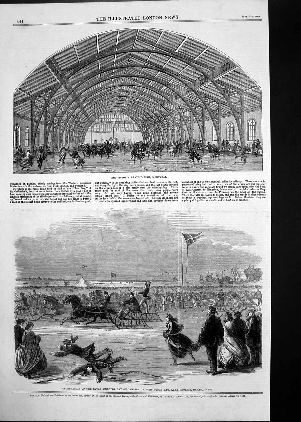 Old Print Victoria Skating Rink Montreal Royal Wedding Lake Ontario 1863 19th