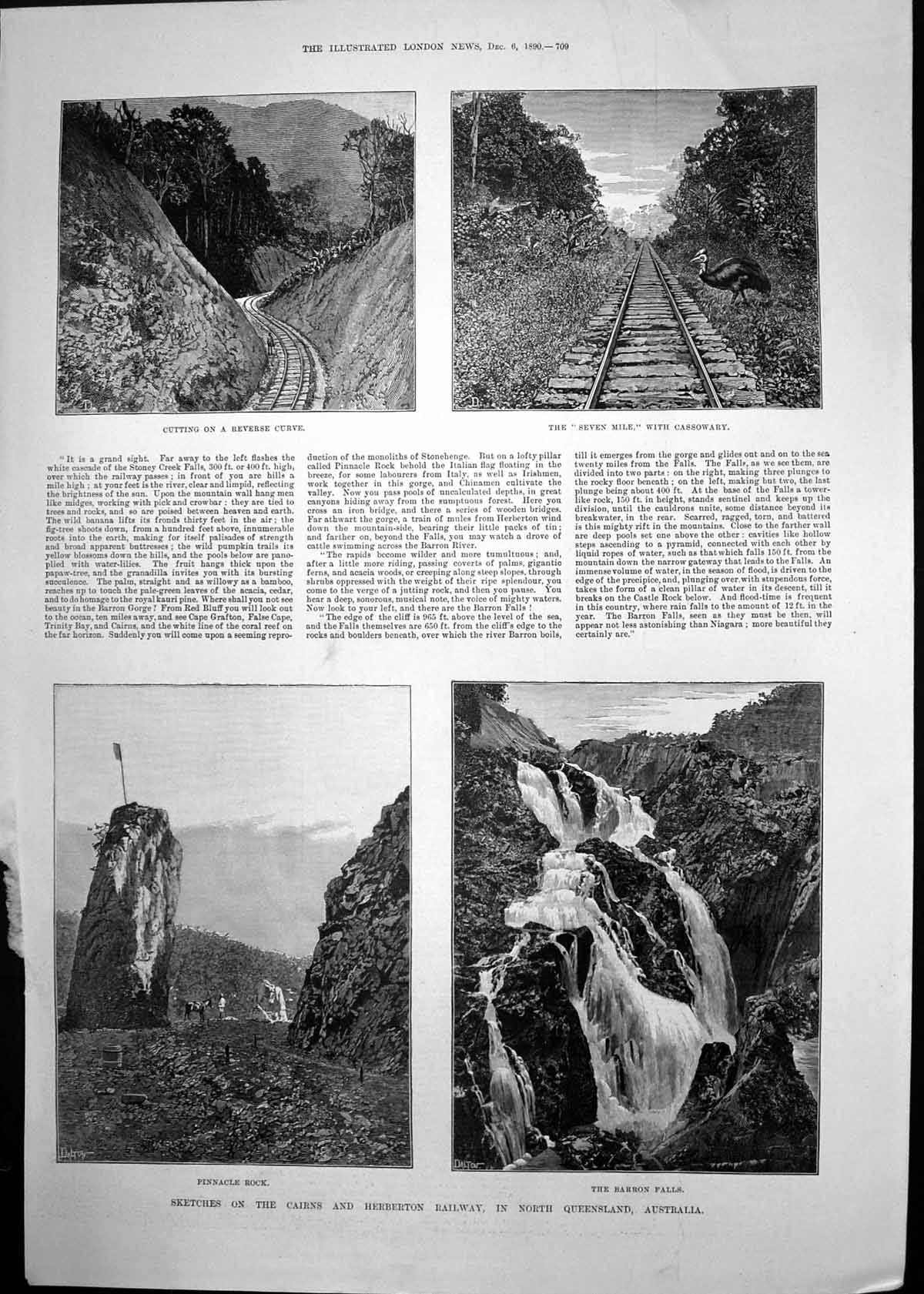 Antique Old Print Cairns Herberton Railway North Queensland W Bell Scott 1890