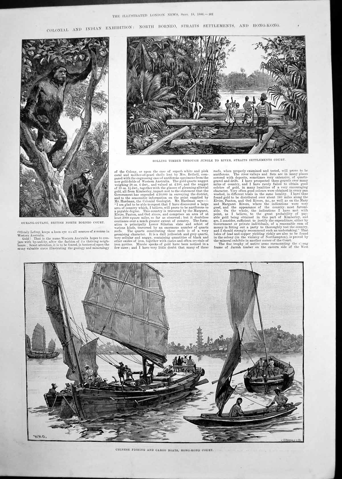 Antique Old Print North Borneo Settlements Hong Kong Wetern Australia 1886 19th