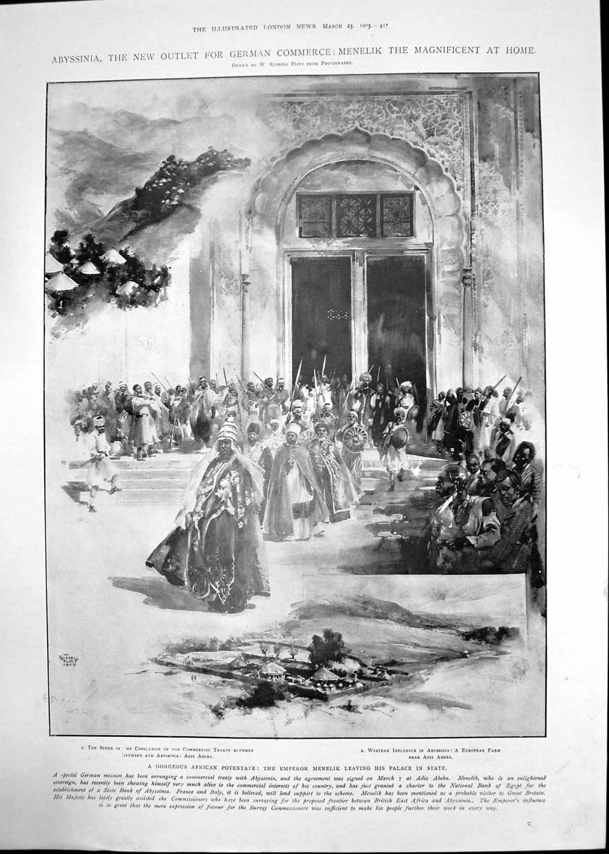 Antique Old Print Abyssinia Emperor Menelik Palace Fishing Harpoon Hook 1905