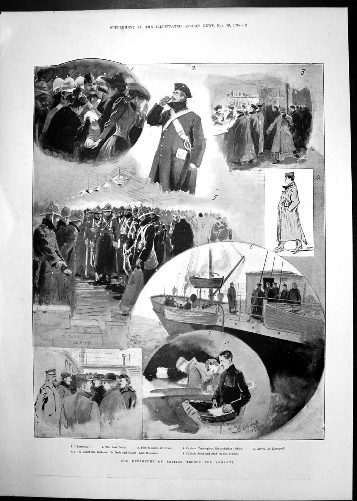 Antique Old Print Departure Briytish Troops For Ashanti Euston Station 1895