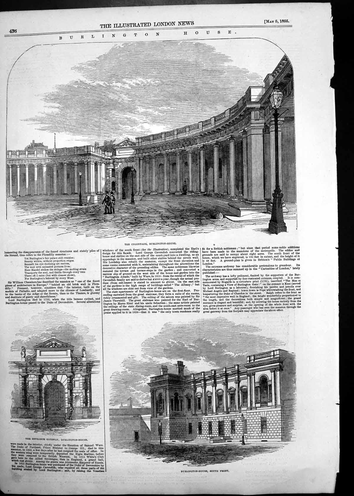 Antique Old Print Sketches Burlington House Collonade Paris Fashions May 1855