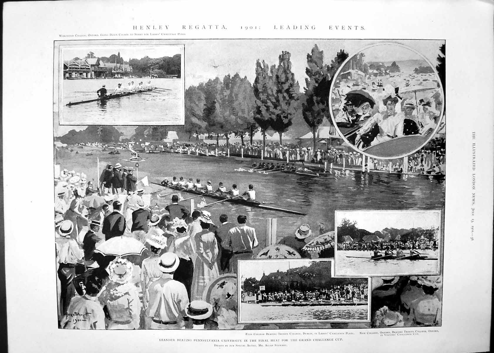 Antique Old Print Henley Regatta Cricket Match Oxford Cambridge Lords 1901 20th