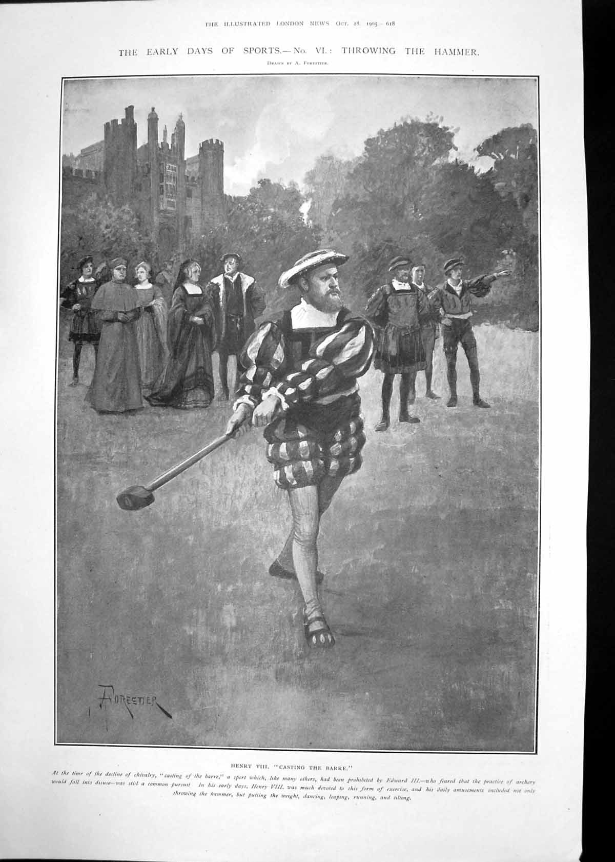 Antique Old Print Henry V111 Throwing Hammer Prince Ferdinand Pr Loubet 1905