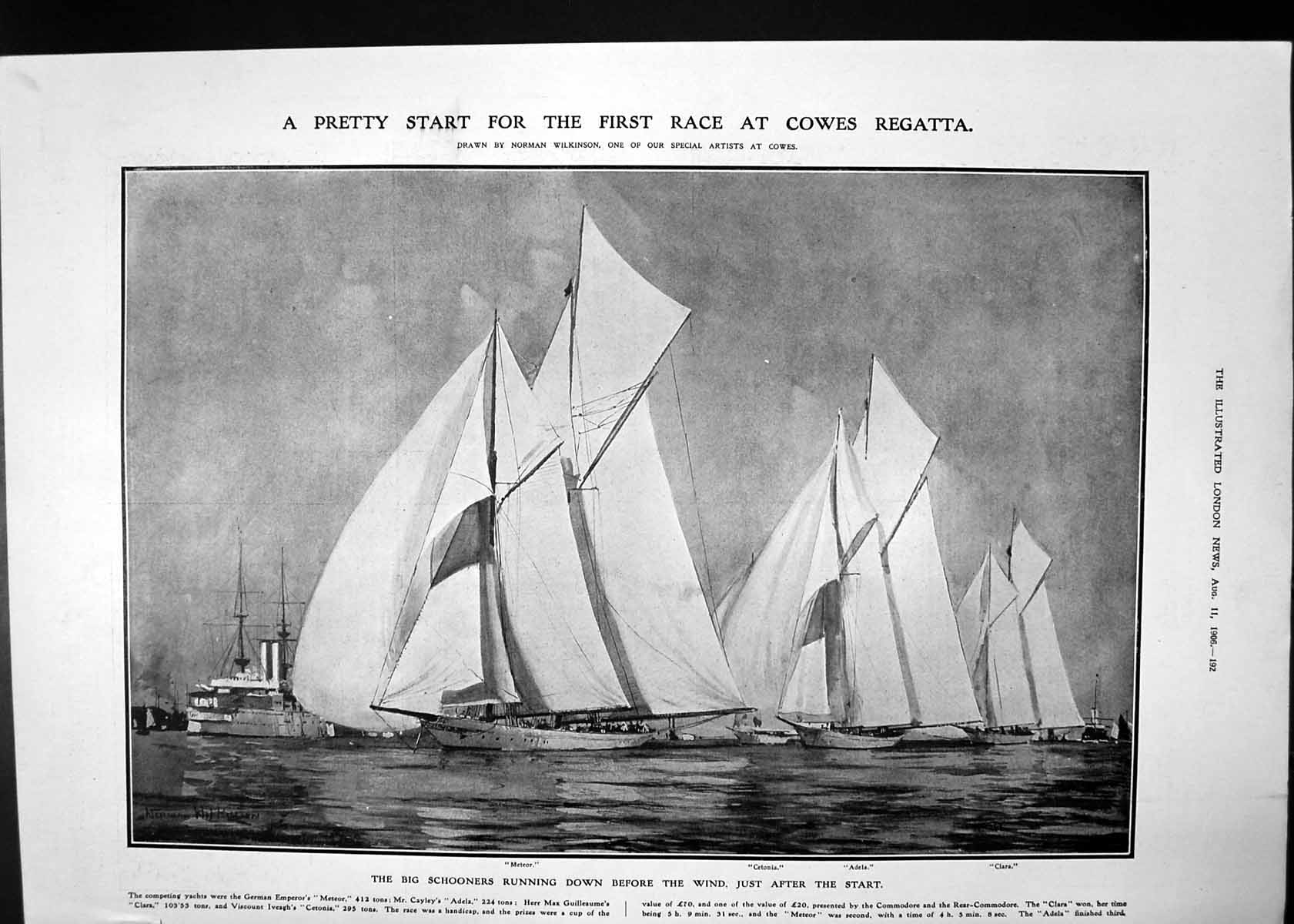 Antique Old Print Race Cowes Regatta New Cork Jacket Cement Ship Wrecked 1906