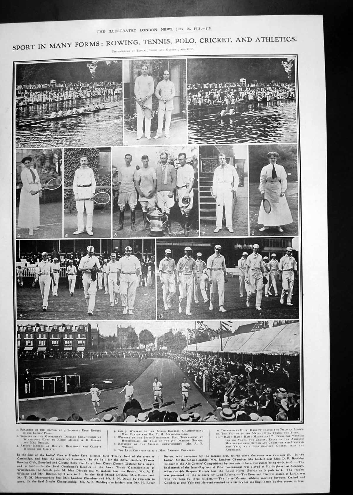 Old Antique Print Investiture Week Wales Rowing Tennis Polo Cricket 1911 20th