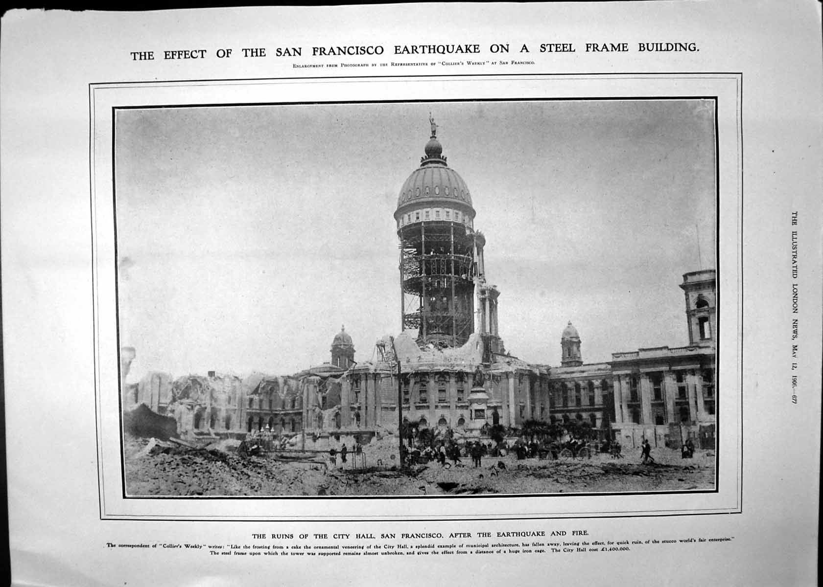 Antique Print Earthquake San Francisco Ruins City Hall Business Centre 1906