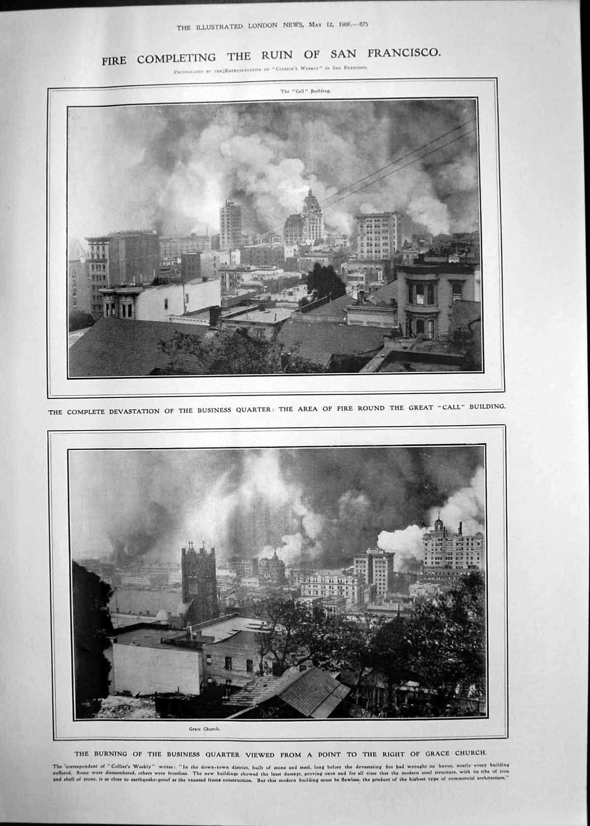 Antique Old Print Fire Ruins San Francisco Earthquake Homeless Citizens 1906