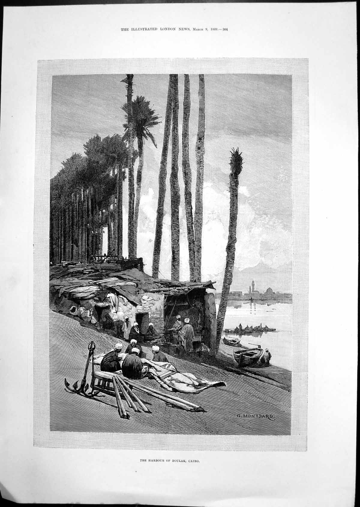 Antique Old Print Boulak Harbour Cairo Palms Montbard Officers Sketches 1889