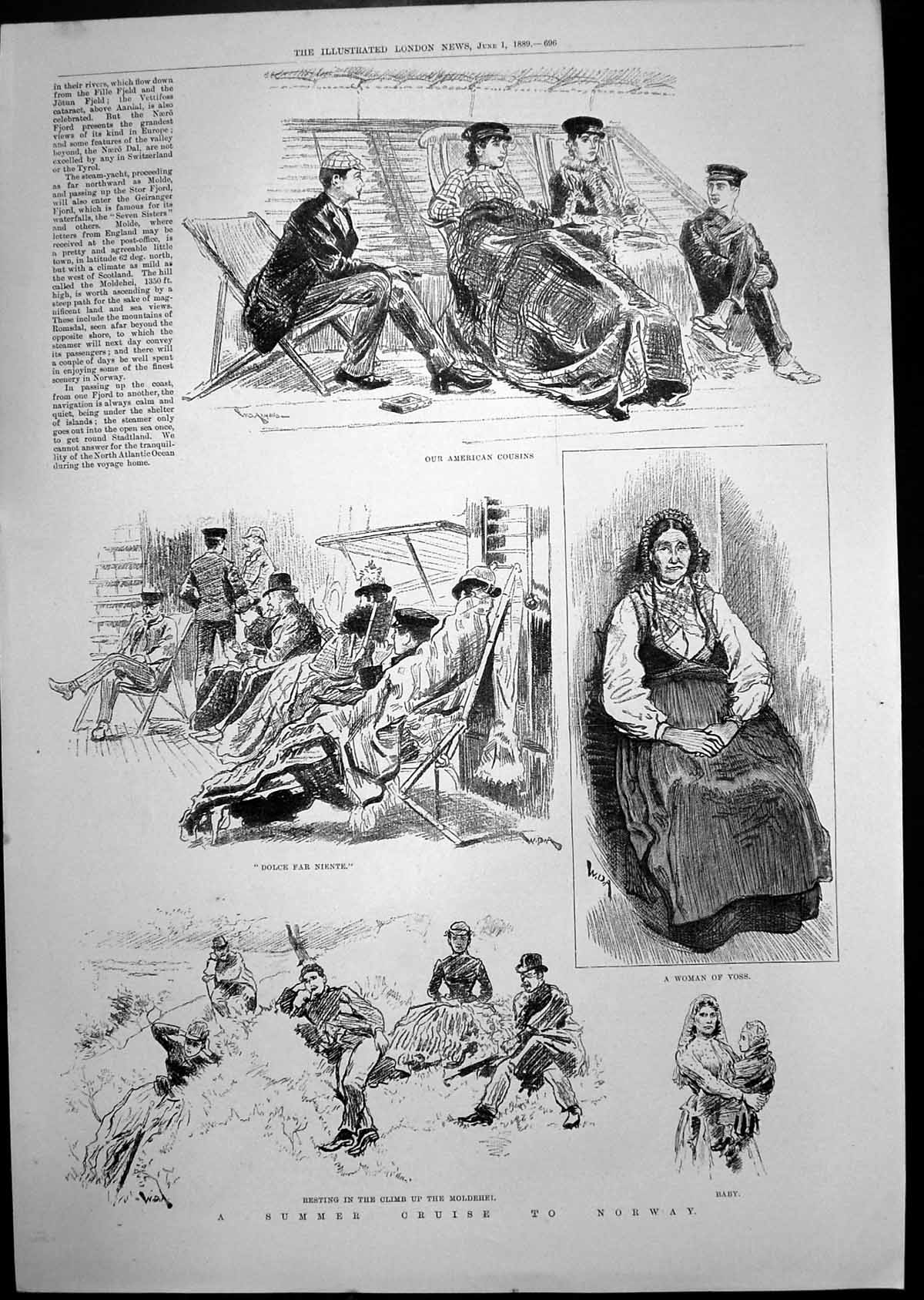 Antique Print Sketches Summer Cruise Norway Americans Boudoir Concert 1889 19th