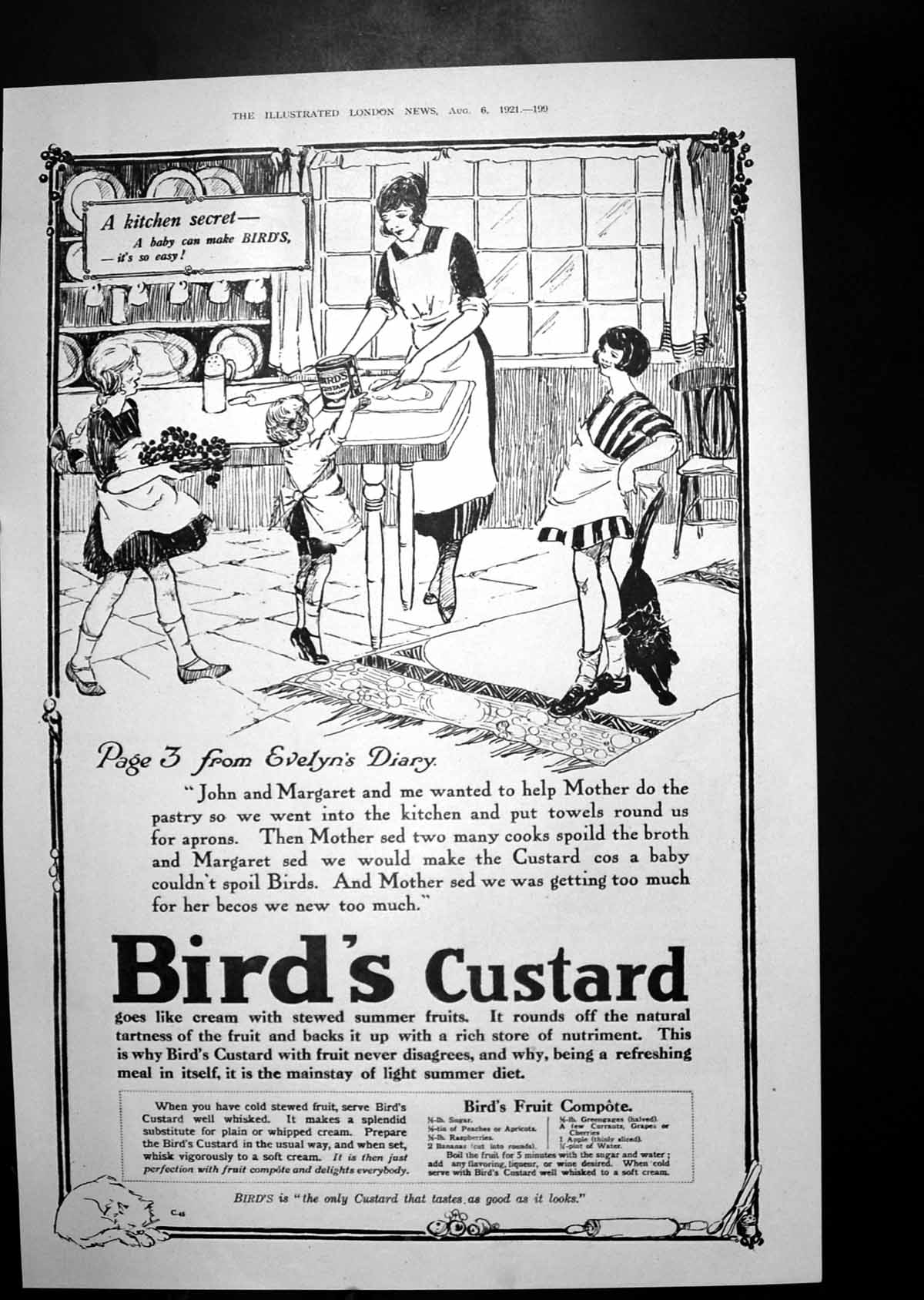 Old Print Bird'S Custard Advert KitchenLadies News Evening Dress 1921