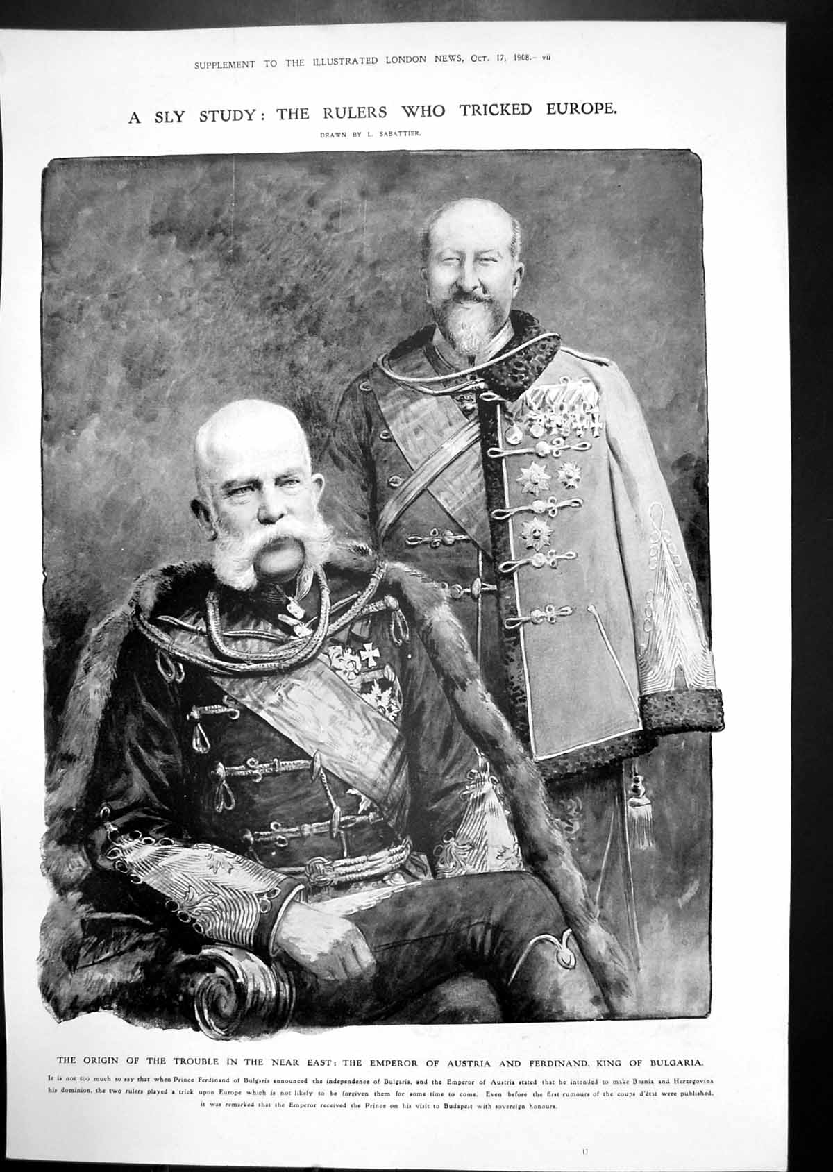 Old Print Emperor Austria Ferdinand Bulgaria Bulgarian Women Costume 1908 20th