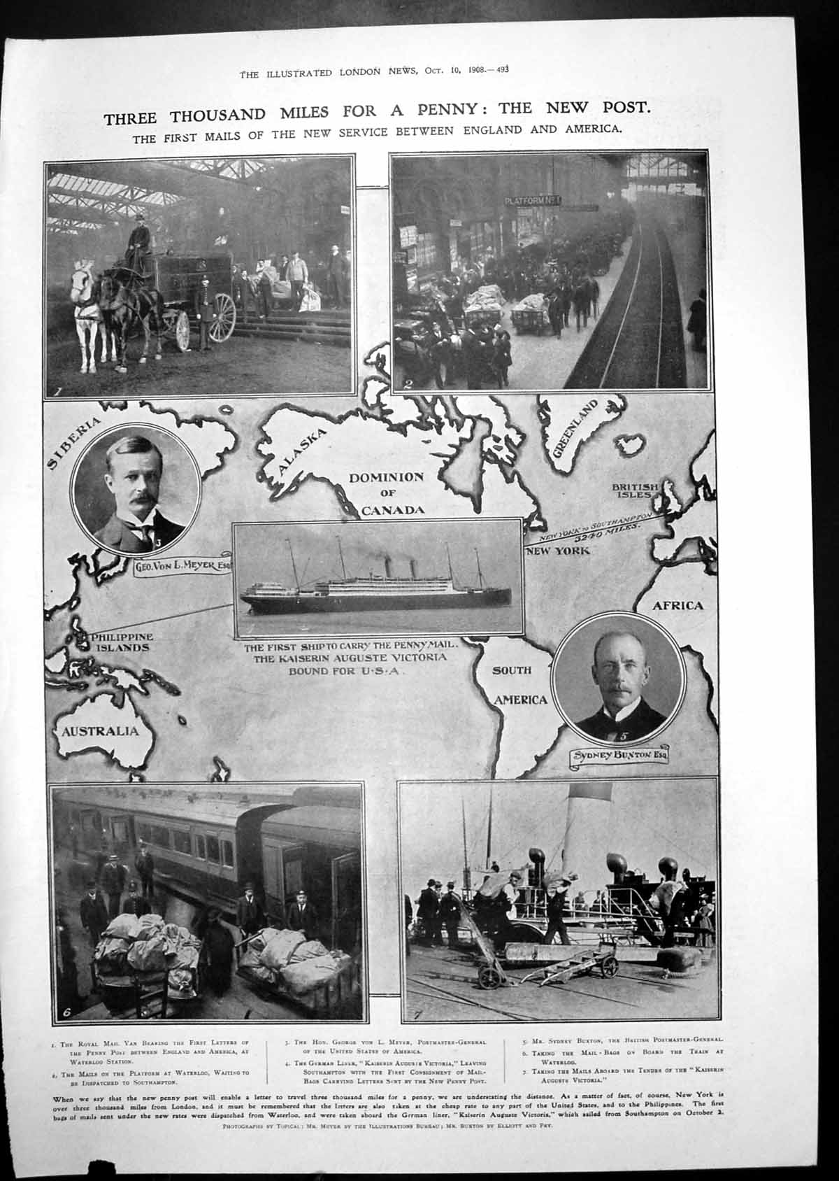 Antique Print England America Penny Postage Bulgarian Queen Portraits 1908 20th