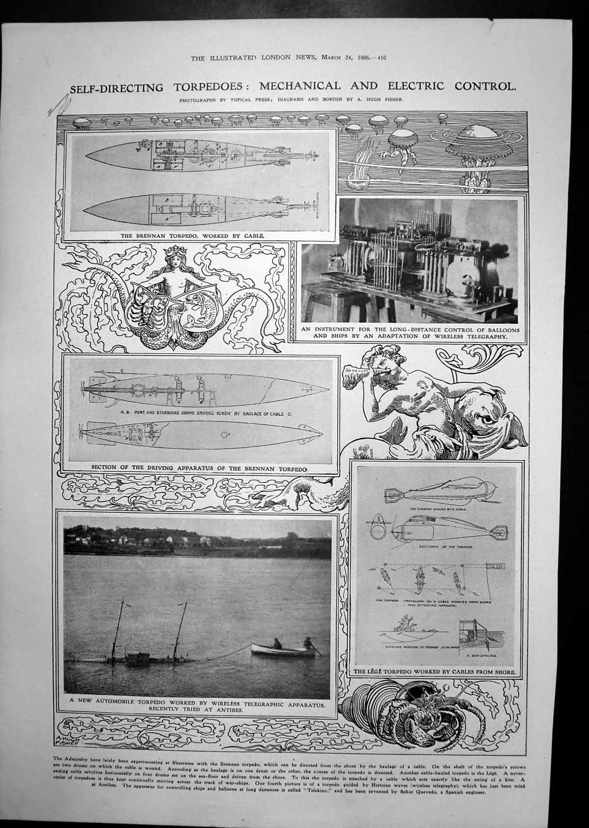 Old Print Slef-Directing Torpedoes King Edward Proncess Ena Biarritz 1906 20th