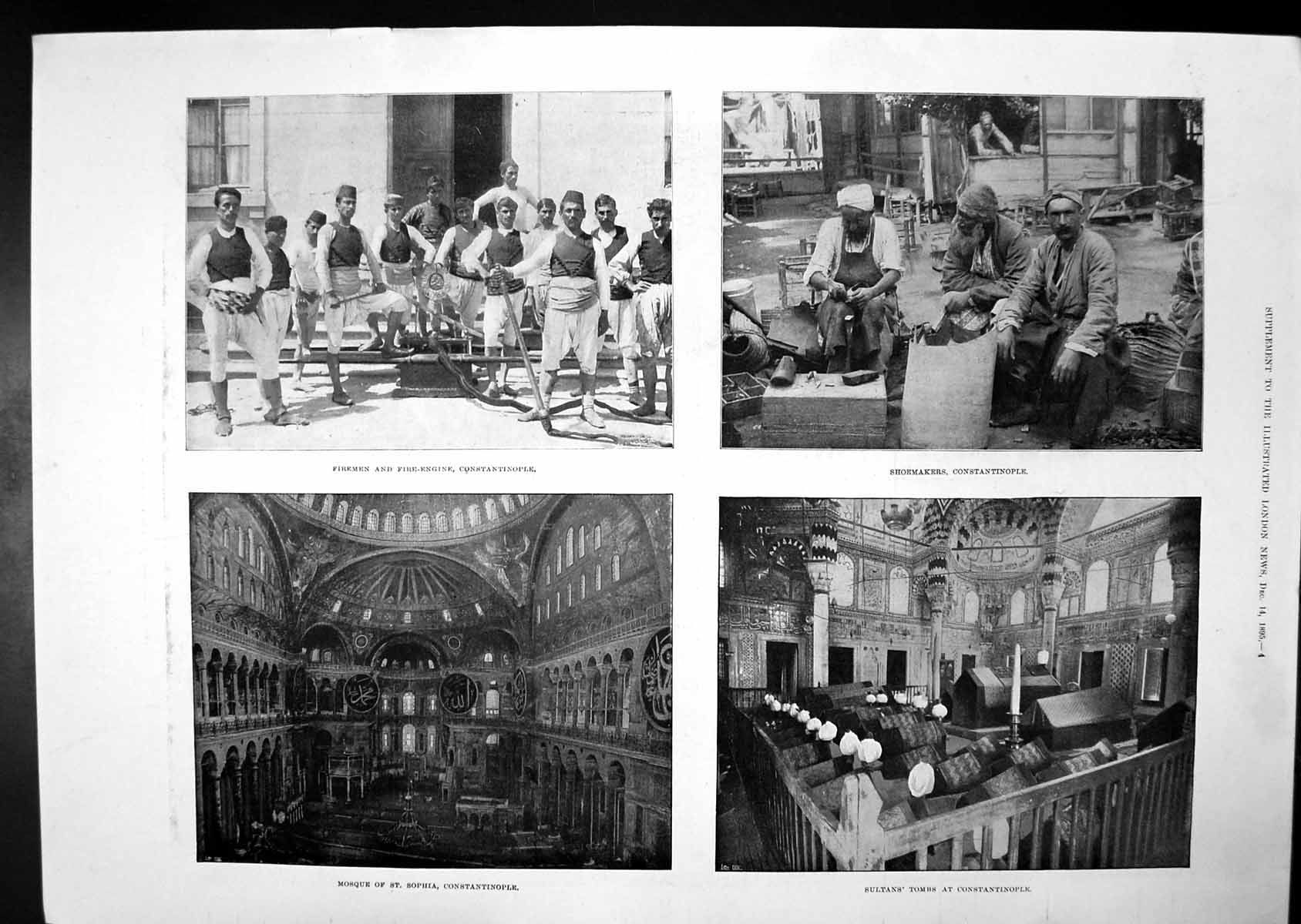 Antique Print Constantinople Firemen Shoemakers Tomb Mosque Bosphorus 1895 19th