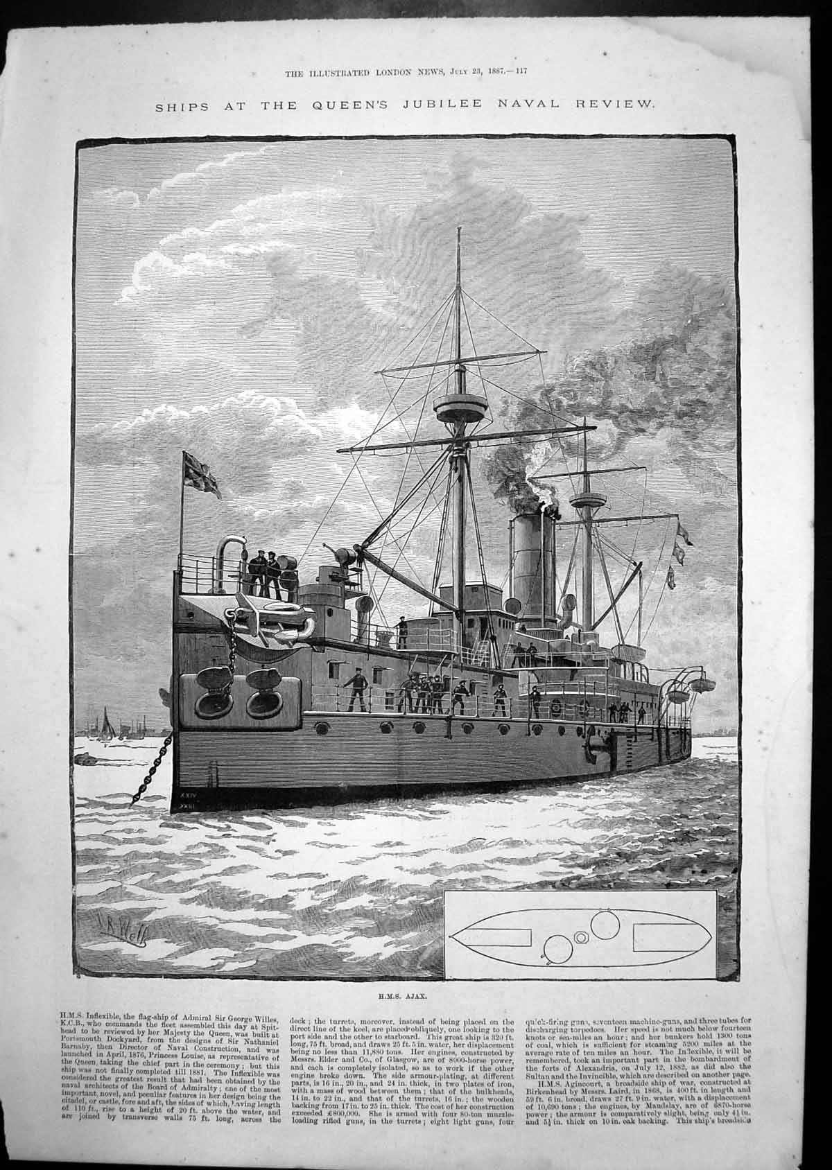 Old Print H.M.S. Ajax Queen'S Naval Review H.M.S. Minotaur Agincourt Herc