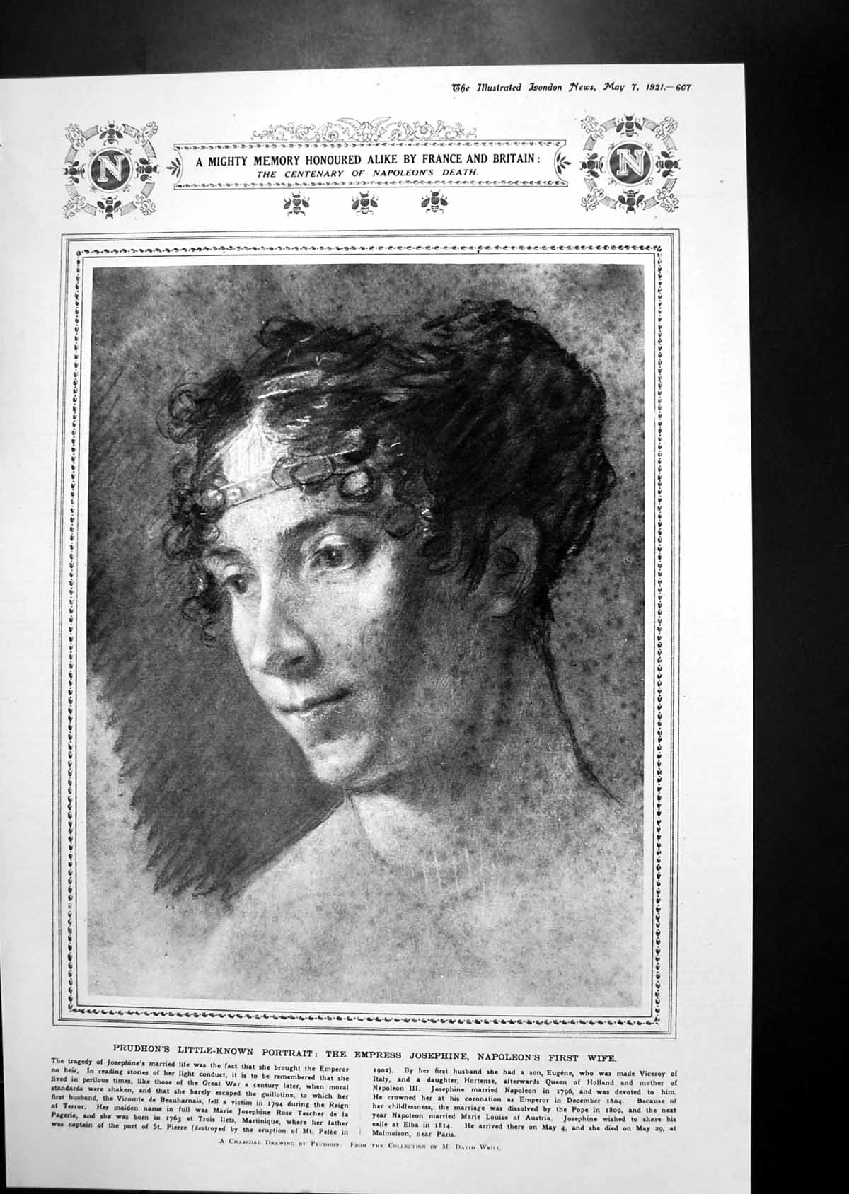 Antique Old Print Prudhon'S Portrait Empress Josephine Napopeon Deathbed 1921