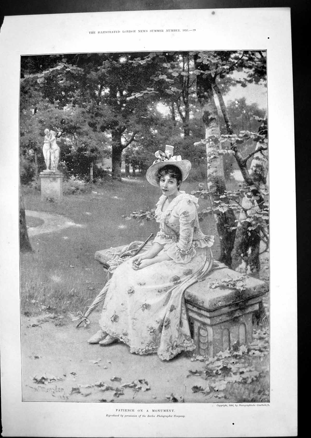 Old Print Patience Monument Woodland Parasol Belle Town J.M. Bulloch 1895 19th