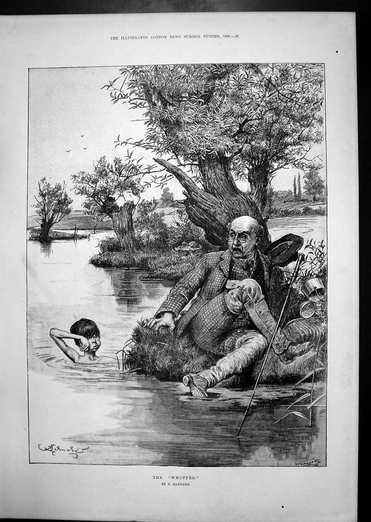 Old Print Whopper Fisherman Catches Boy Vicar Pimlico Chatting Lady 1893 19th