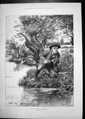 Old Print Whopper Fisherman Catches Boy Parlour Maid Lady Gentleman 1893 19th