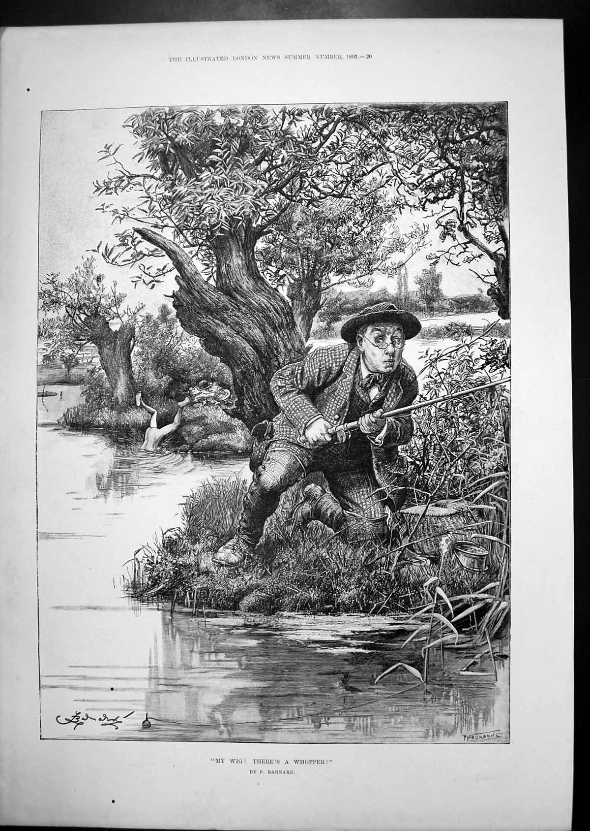 Old Print Whopper Fisherman Catches Boy Parlour Maid Lady Gentleman 1893 19th