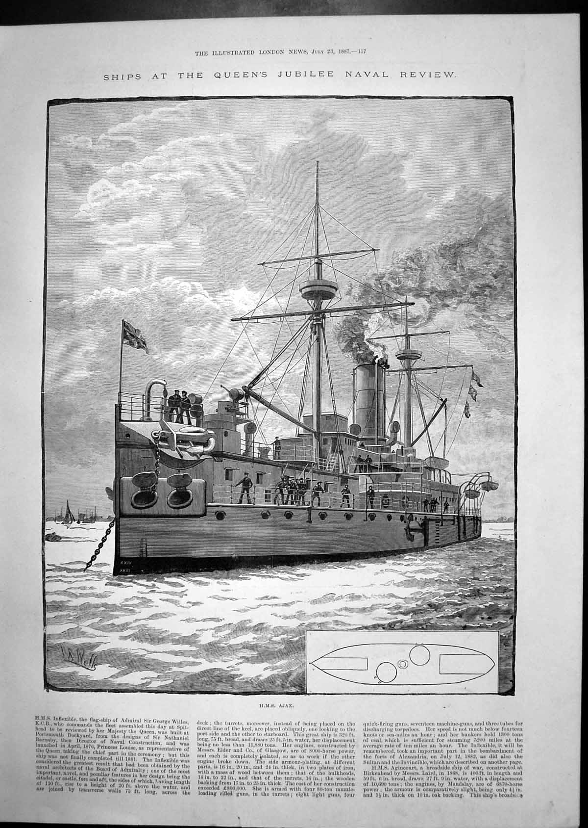 Old Print H.M.S. Ajax Queen'S Jubilee Naval Review Minotaur Agincourt Her