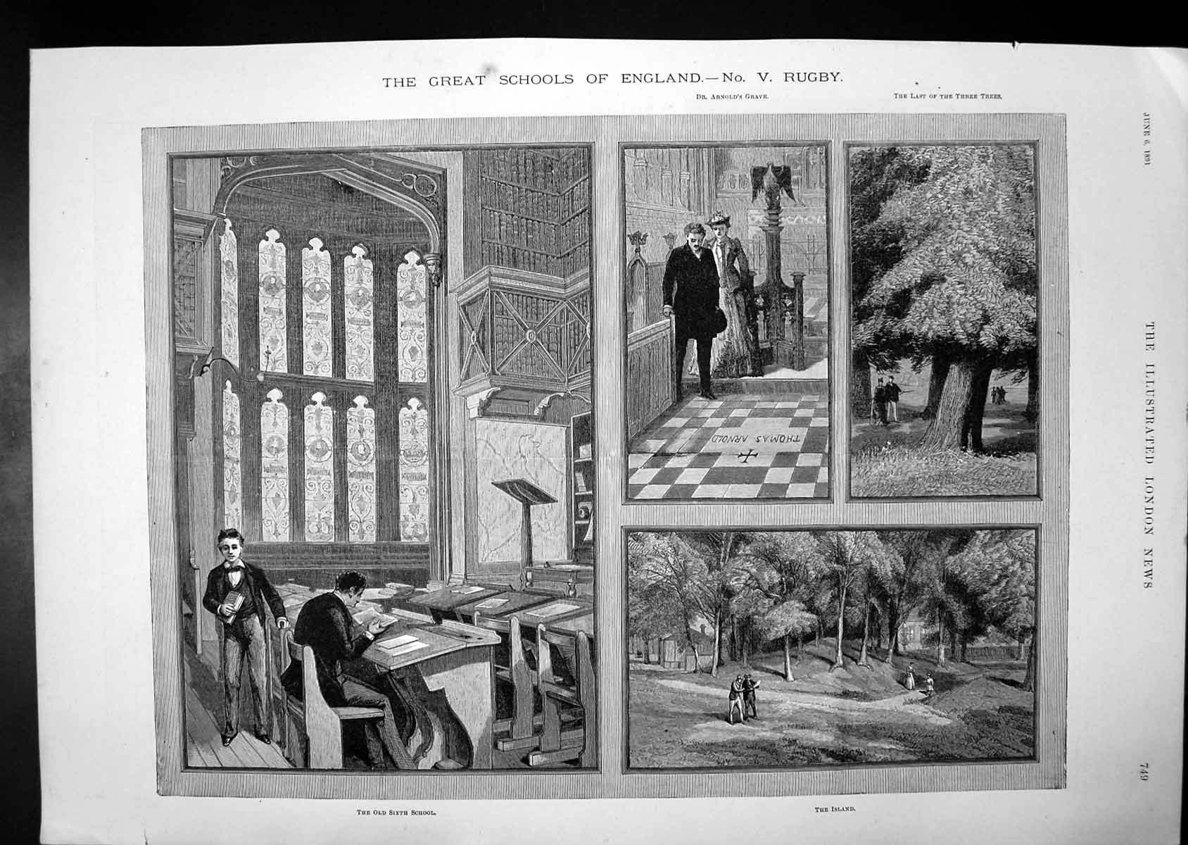 Antique Old Print Great Schools England Rugby Temple Hera Ruins Olympia 1891