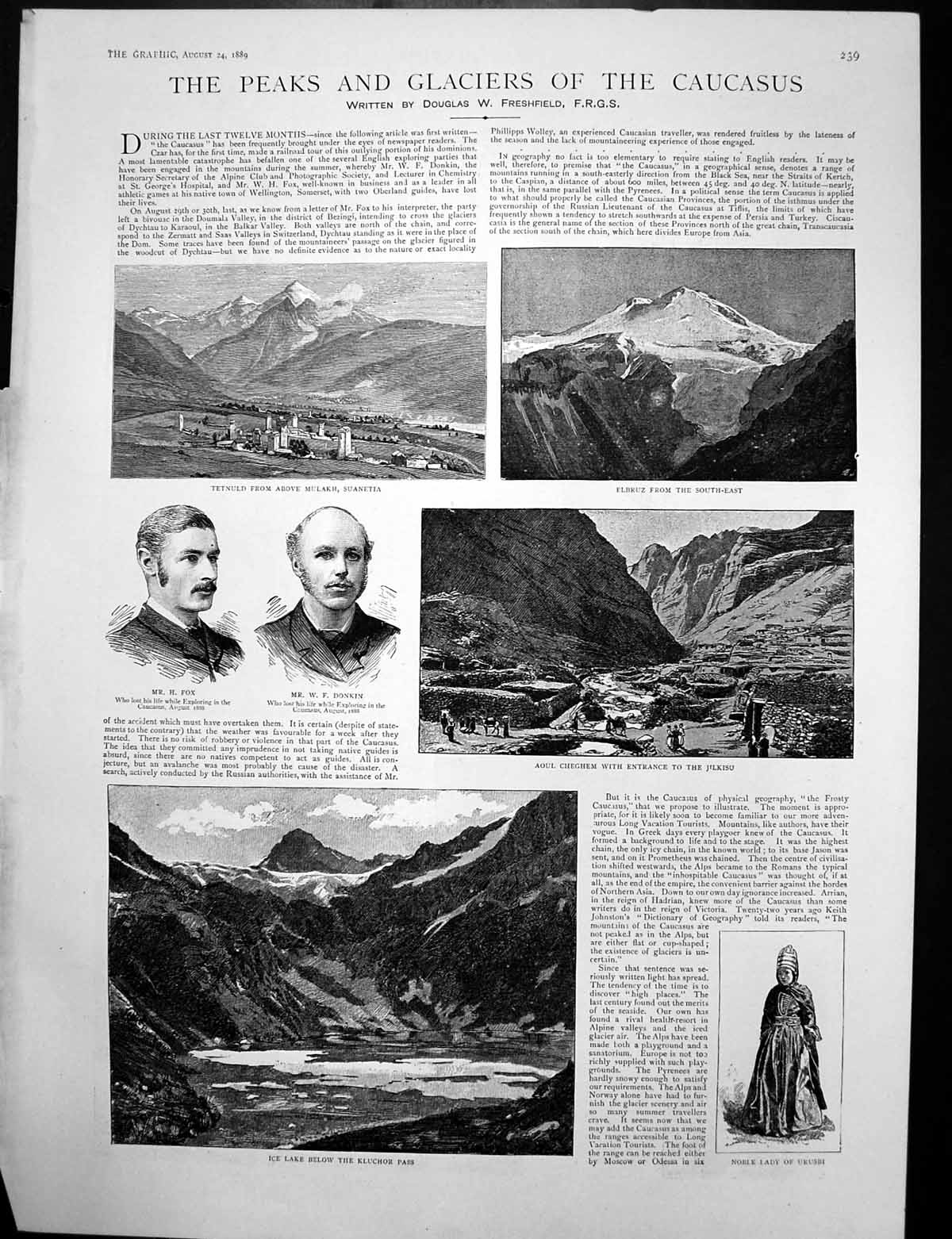 Antique Old Print Peaks Glaciers Caucasus Shkara Adyl-Su Ossete Women 1889 19th