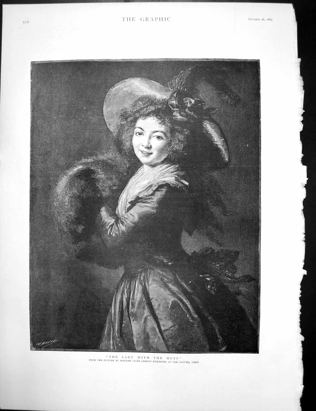 Antique Print Lady With Muff Channel Bridge Memorial Gambetta Balloon 1889 19th
