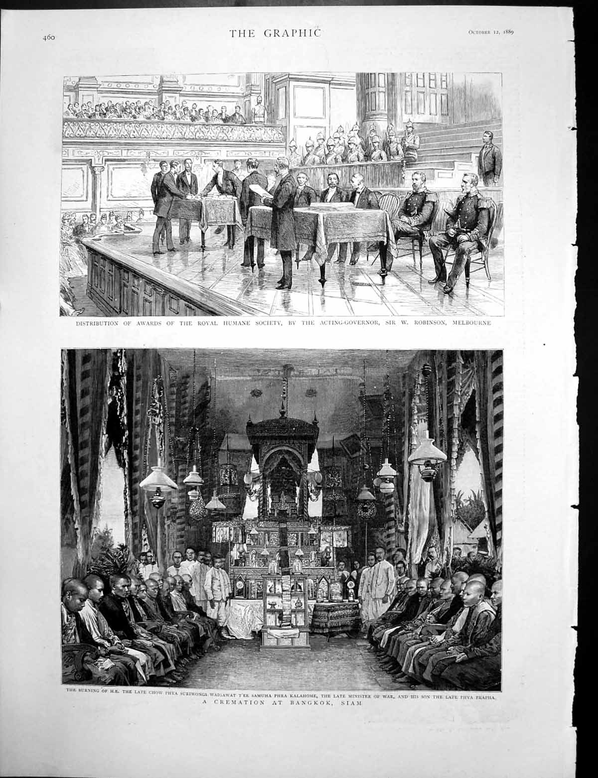 Antique Old Print Cremation Bangkok Awards Royal Humane Soc Monastries 1889