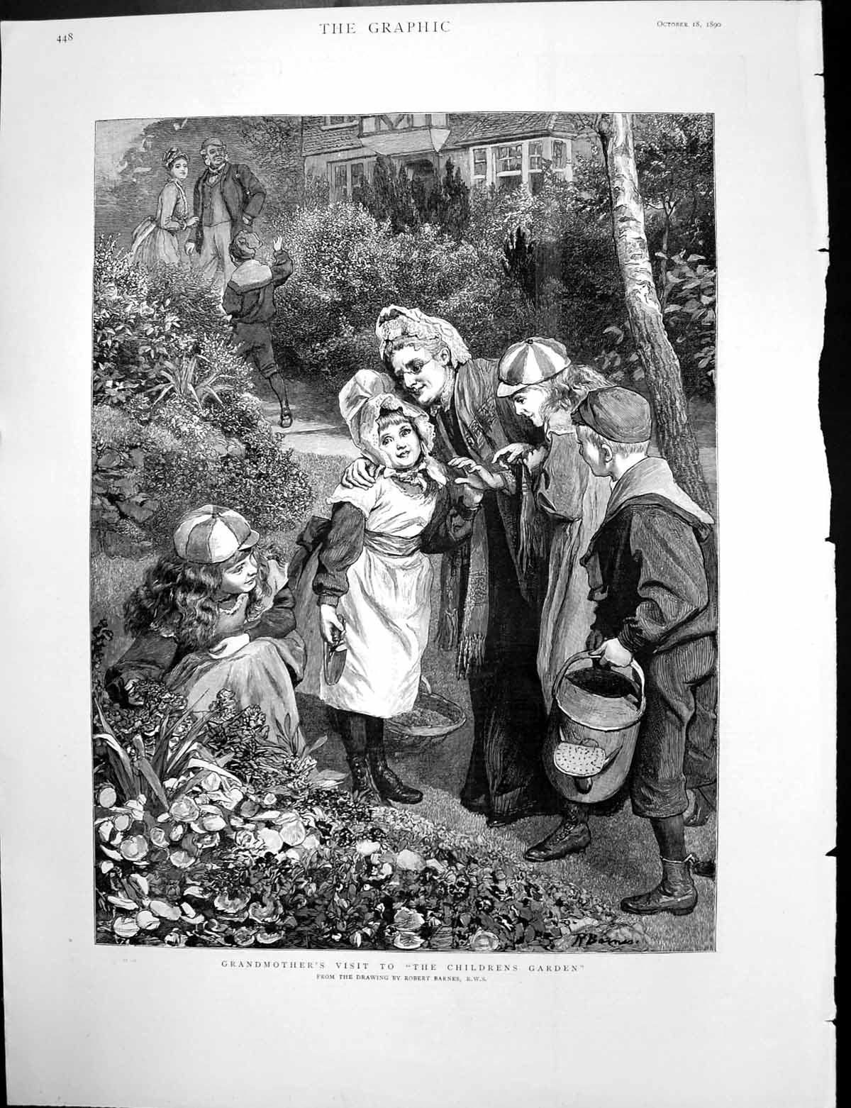 Antique Old Print Grandmothers Visit Childrens Garden Crematorium Manch 1890