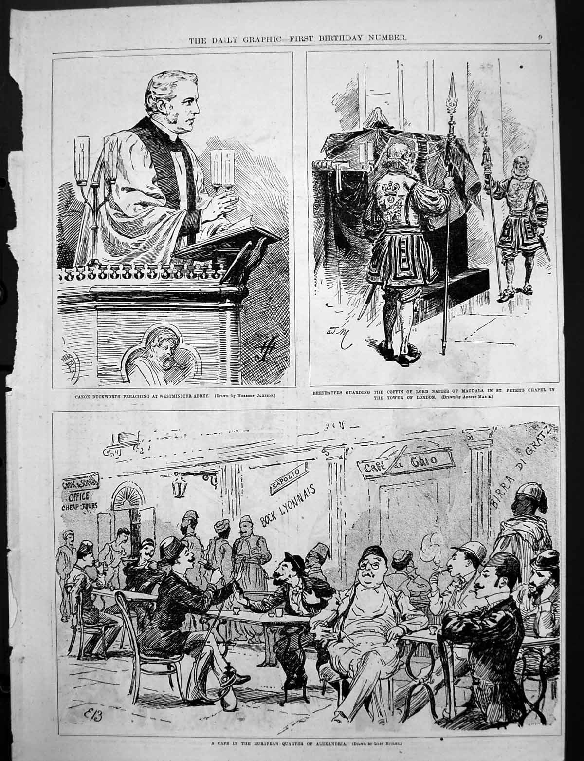Antique Old Print Cafe Alexandria Coffin Lord Napier Queenstown Harbour C1890