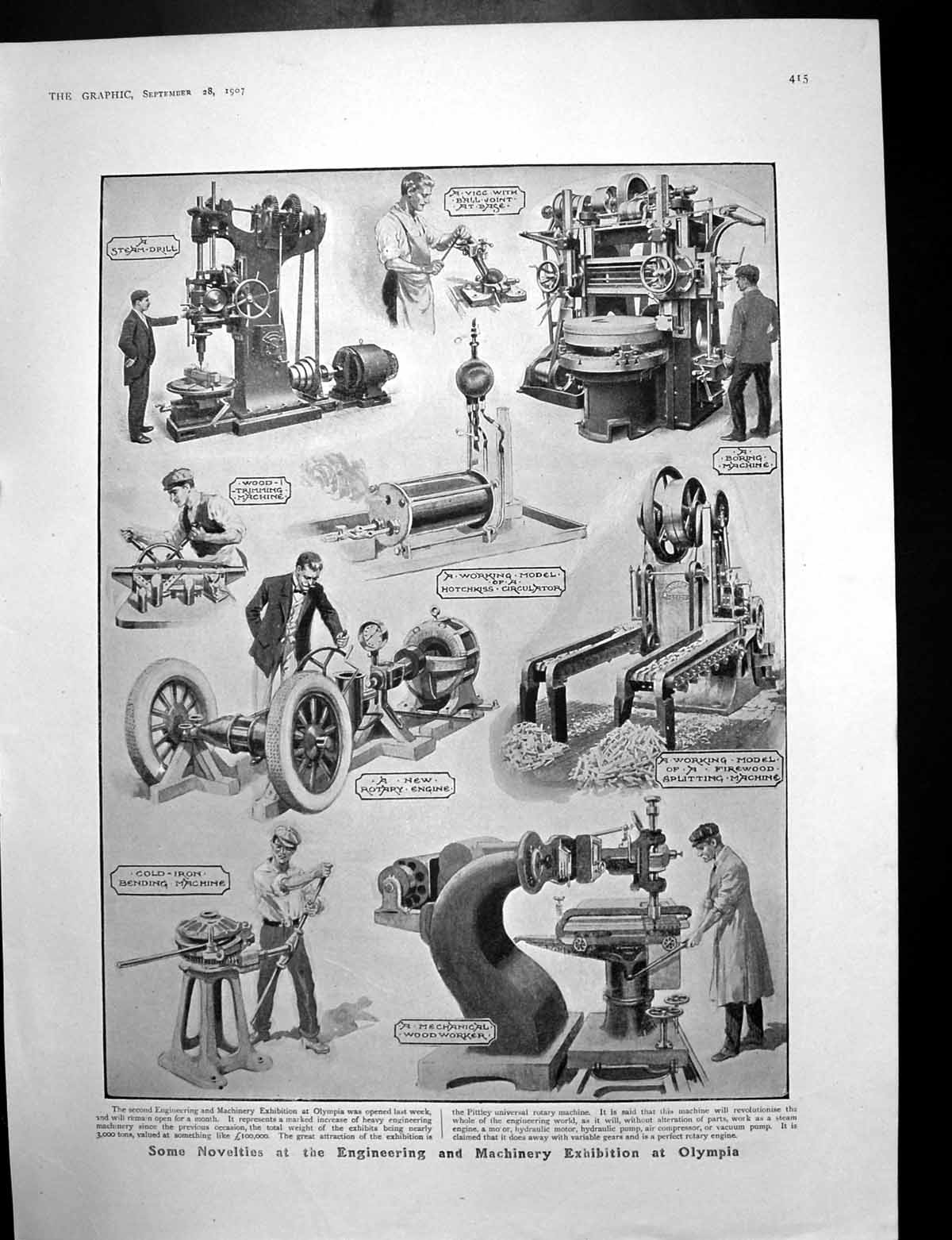 Antique Old Print Engineering Machinery Exhibition Olympia Lord Mayors 1907